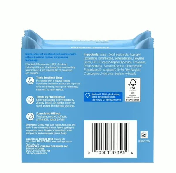 Neutrogena Cosmetic Remover Wipes, Alcohol-Free, Eco-Friendly, Double Pack, Quarter-Century Pack (Set of Two)