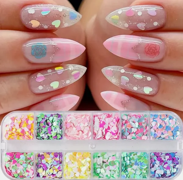 Holographic Heart Nail Sparkle Flakes, Three-Dimensional Design