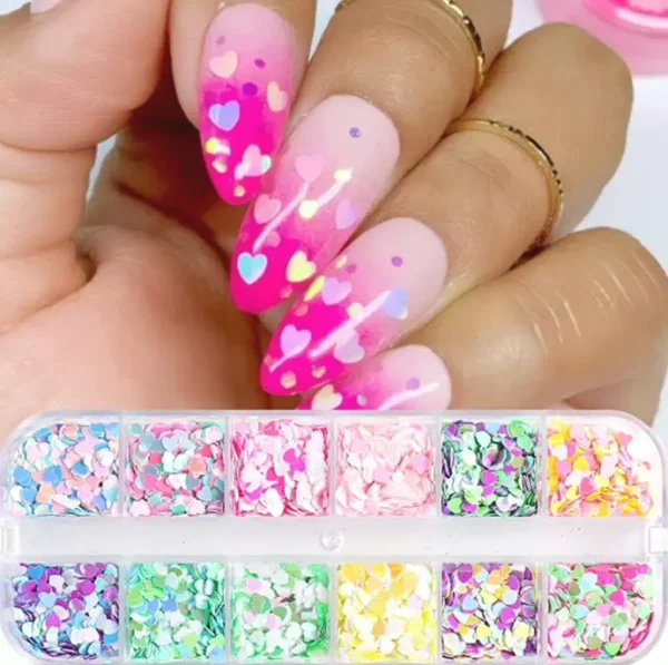 Holographic Heart Nail Sparkle Flakes, Three-Dimensional Design
