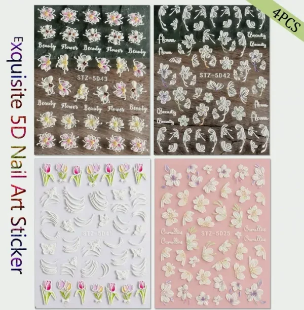 Embossed Flower Nail Design Stickers (4 Sheets)