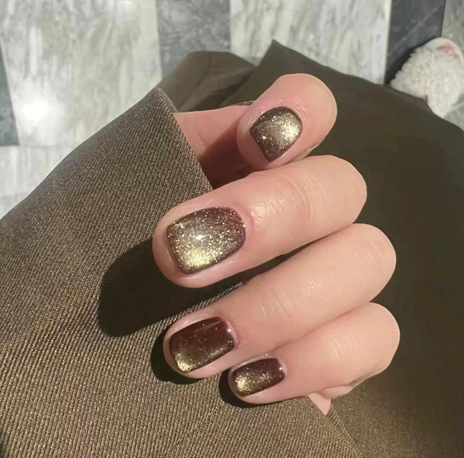 Gold Cat's Eye Stick on Nails Short Square