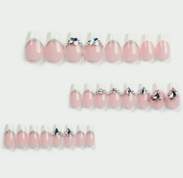 Medium Shape Fancy Pearl Glitter Fake Nails with Rhinestones