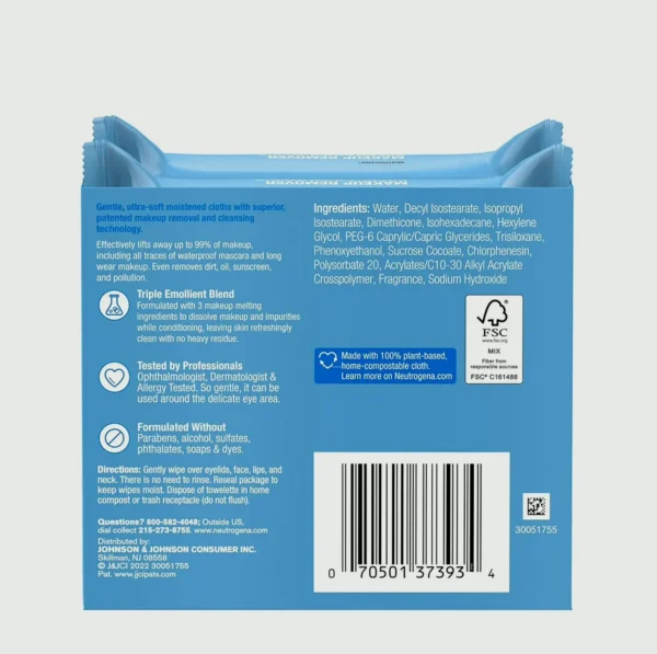 Neutrogena Cosmetic Remover Wipes, Alcohol-Free, Eco-Friendly, Double Pack, Quarter-Century Pack (Set of Two)