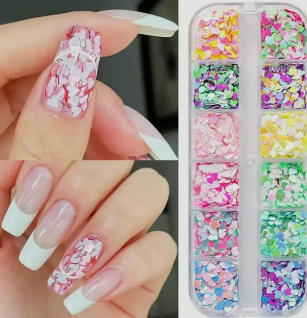 Holographic Heart Nail Sparkle Flakes, Three-Dimensional Design