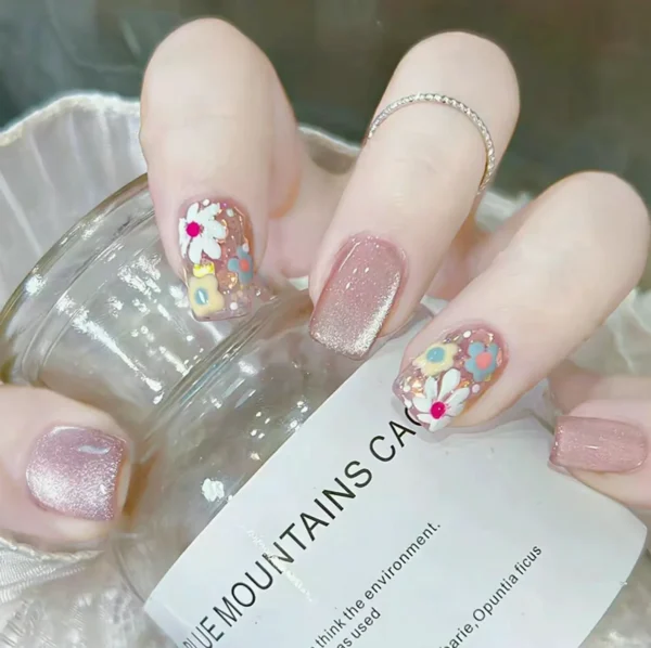 Spring Floral Nails with Sparkly Finish